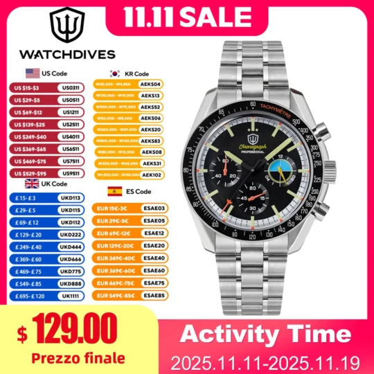 Watchdives WD1863 39mm VK63 Chronograph Watch OTF Clasp Sweep Quartz Movement Sapphire Luminous 100m Waterproof Watches - AliExpress 1511
